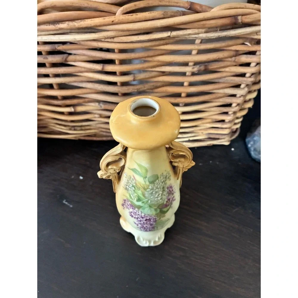 Vintage Porcelain Bud Vase Hand Painted Floral Lilac Double Handle Yellow 10221